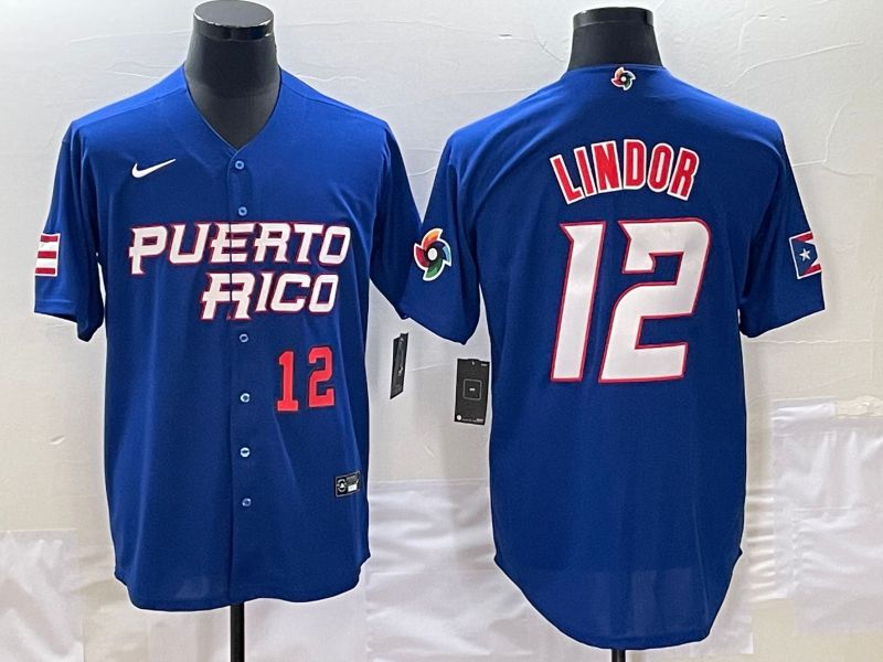 Men 2023 World Cub Puerto Rico #12 Lindor Blue Nike MLB Jersey1->more jerseys->MLB Jersey